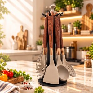 Premium Gourmet Kitchen Utensil Set with Stand (Dark Brown)