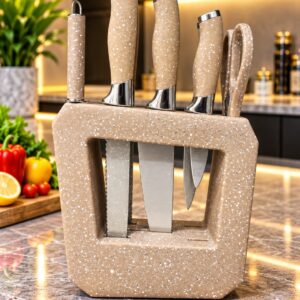 Premium Granite-Style Kitchen Knife Set with Holder (Biege)