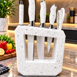 Premium Granite-Style Kitchen Knife Set with Holder (White)
